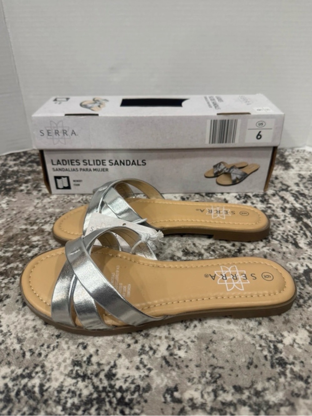Serra Women’s Silver Slide Sandals Size 6 Memory Foam Metallic Strappy NWT